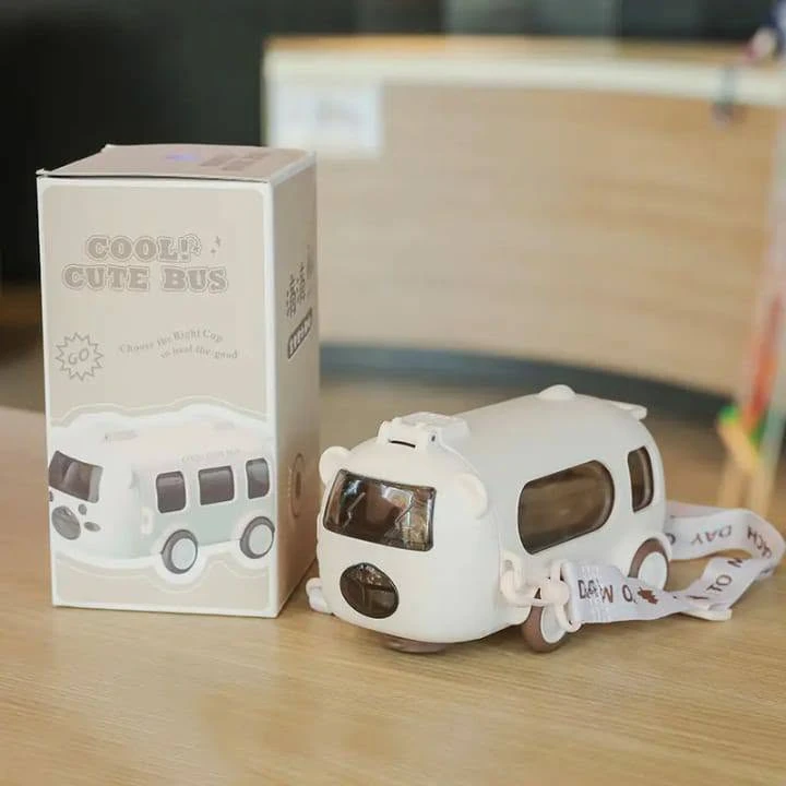 500ML Bus Shape Cute Car Water Bottle with Movable Wheels Strap Plastic Drinking Bottle Leakproof for Boys Girls
