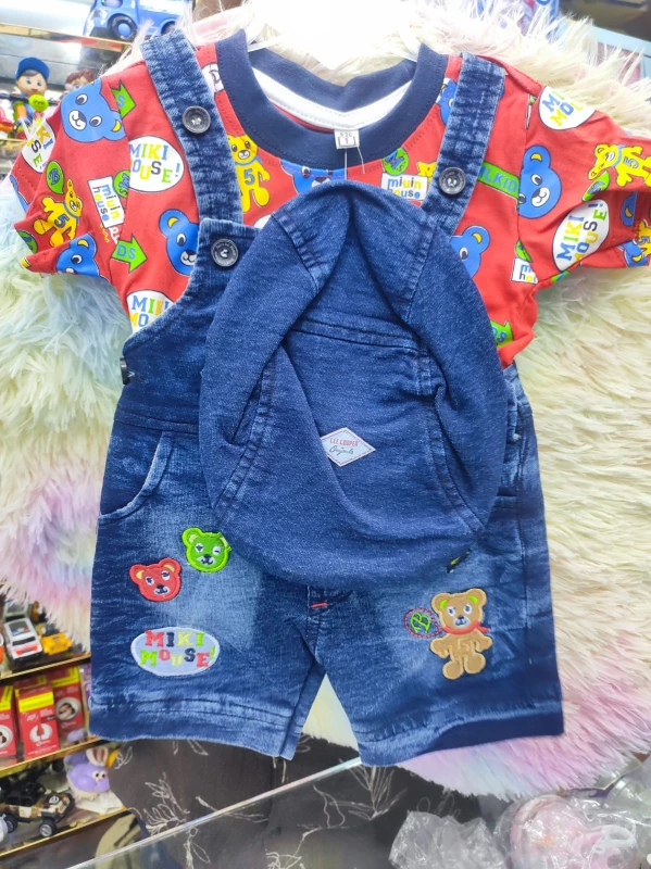 adorable baby denim dungaree and printed t-shirt set featuring playful teddy bear patches and a matching cap
