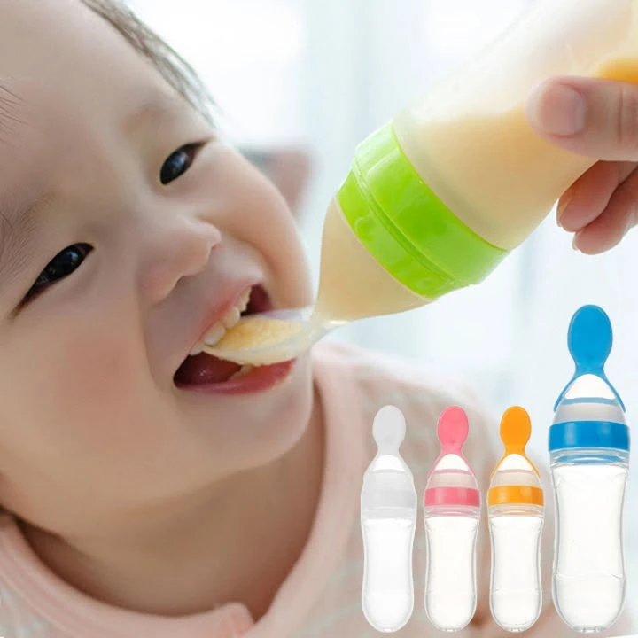 Silicone Baby Toddler Feeding Bottle with Spoon Fresh Food Cereal Squeeze Feeder Hot