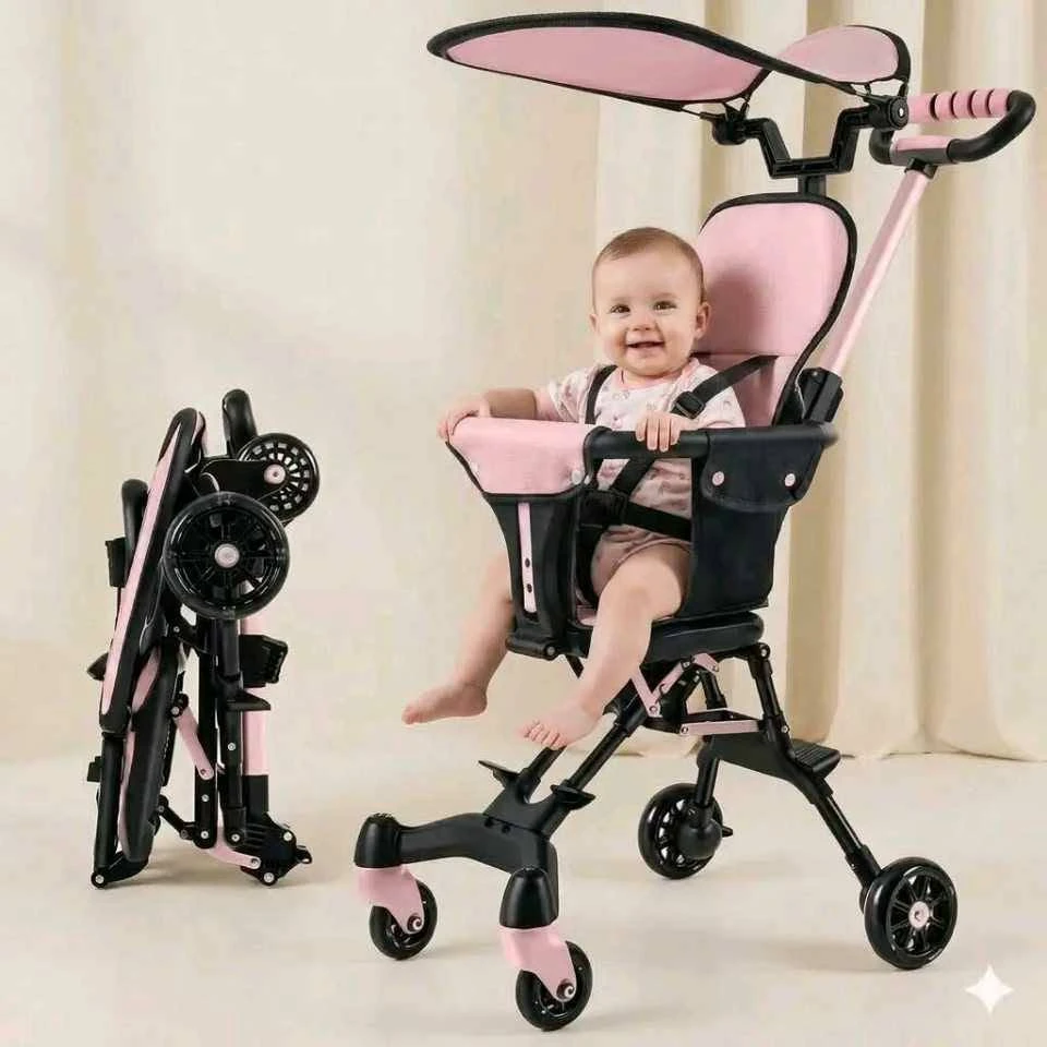 Tiny Baby Stroller Pram| New Born/Safety Harness| with Sunshade,Foldable Baby Trolley with 2-Position Adjustable, 3 Point Safety Belt, Baby Pram Stroller for Kids with Canopy & Parent Handle (MULTI CO