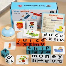 Kids Wooden Word Spelling Game with Bell & Flash Cards | Cognitive Learning Toy for Kids | Montessori Alphabet Matching Toy | English Word Learning Educational Blocks for Preschool & Toddlers | Early