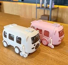 500ML Bus Shape Cute Car Water Bottle with Movable Wheels Strap Plastic Drinking Bottle Leakproof for Boys Girls