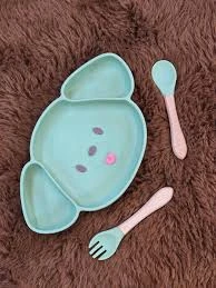 Baby Feeding Set 1Plate+2Spoon Set Multicolor Silicone | Food Grade Silicone Dining Plate Combination Baby Feeding Dining Plate